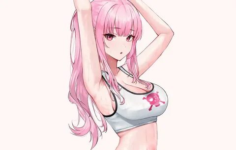 Обои girl, sexy, cleavage, pink hair, long hair, boobs, anime, beautiful, pretty