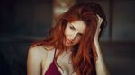 #532619 women face freckles redhead bra looking away hands o