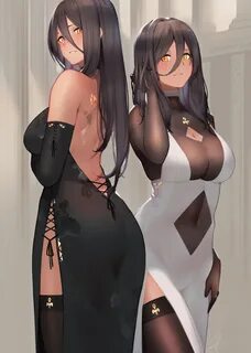 Safebooru - 2girls absurdres ass bare shoulders black dress 