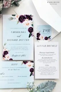 Tamara Dusty Blue and Burgundy Wedding Invitation Sets Print