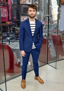 Daniel Radcliffe wearing Blue Suit, White and Navy Horizonta