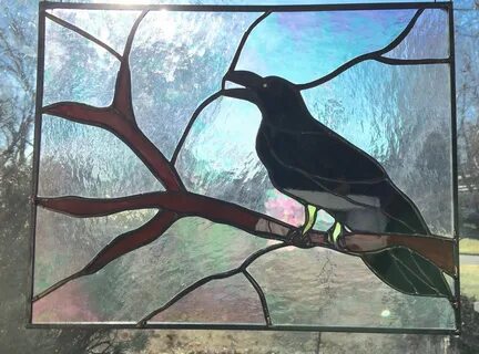 Crow Raven Stained Glass Panel or Sun Catcher Handmade Wall 