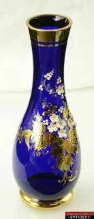 Vintage Czech Bohemian Cobalt Blue Art Glass Vase Gold Gilt 