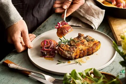 Seared pork chops with baked apple and cherry relish Pork, B