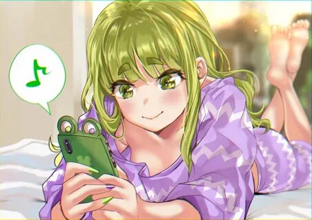 Safebooru - 1girl bangs barefoot bed blush cellphone comment