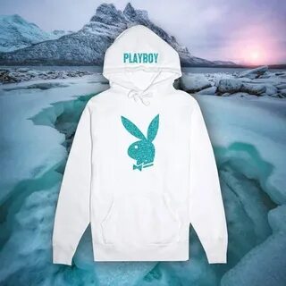 Playboy White Hoodie W/ Blue Glitter Texture Playboy hoodie 