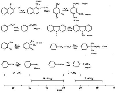 Carbon-13 NMR chemical shift ranges and examples of O-CH3, N