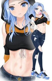 Blue Hair Blue Eyes Anime Girls Anime Jeans Bubble Gum Chewi