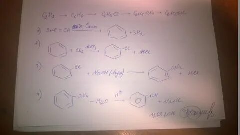 C2H2 ----> C6H6 --->C6H5CL --->C6H5ONa ---->C6H5