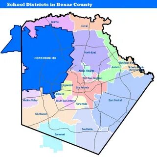 A color coded zoning map of the School Districts in Bexar Co