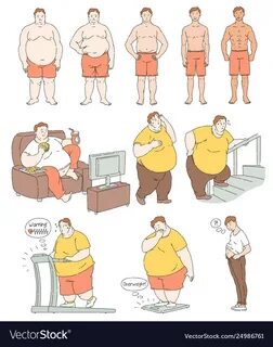 Fat person weight loss comparison, exercise and diet process drawing