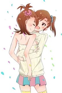 Safebooru - 2girls :d bare arms breast press brown eyes brow