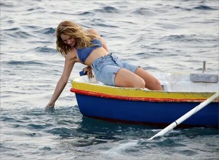 Lily James in a Blue Bikini Top and Denim Shorts - "Mama Mia