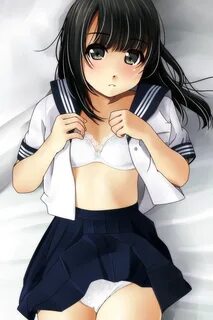 Safebooru - 1girl bangs bed sheet black hair black skirt blu