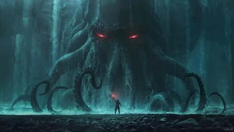 Скачать обои Ктулху, Cthulhu, monster, rocks, man, behemoth,