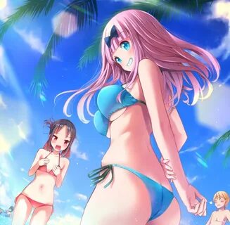 Safebooru - 1boy 2girls beach bikini black hair blonde hair 