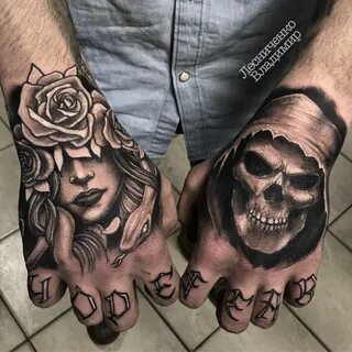 Rose tattoo on hand (palm) black and grey by Vladimir Lesnic