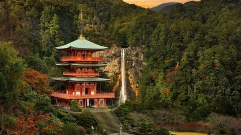 Wallpaper Japan landscape, temple, mountain, trees, waterfall 1920x1200 HD Pictu