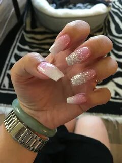 White and pink ombre glitter coffin nails Pink ombre nails, 