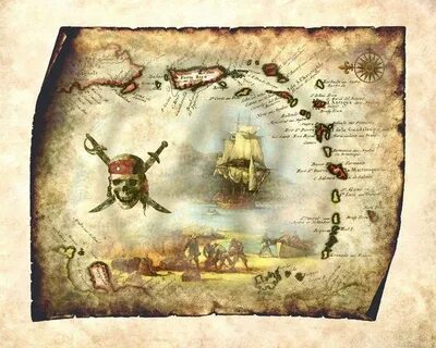 Pirate Treasure Map Art Decor of Caribbean Island Antique Ma