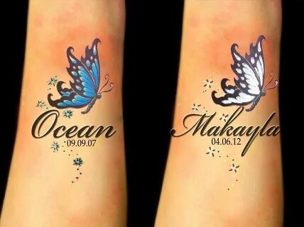 Wrist tattoo with girls names and birthstone butterflies But