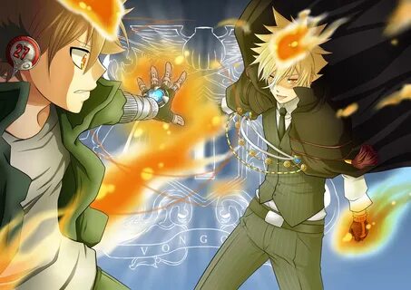 all male blonde hair brown hair cape fire giotto gloves head