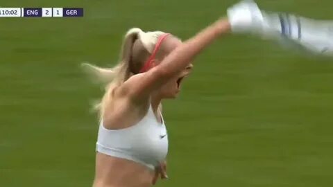 Female soccer player scores goal and shows boobs