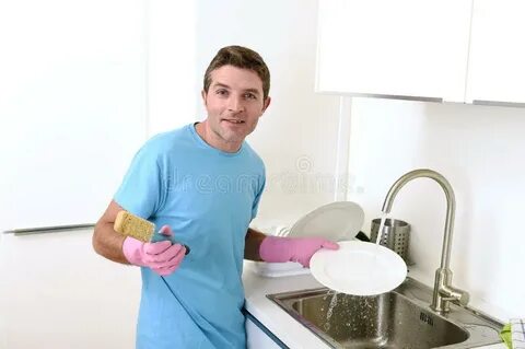 Young Happy Man Rubber Washing Gloves Doing Dishes Smiling C