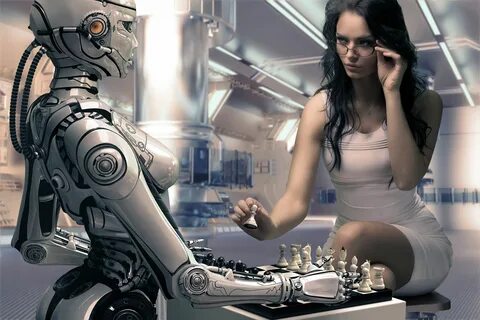 woman wearing white mini dress playing chess against robot d