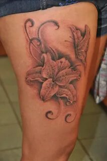 Hibiscus Flower And Butterfly Thigh Tattoo