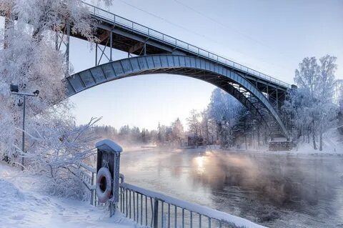 Скачать обои зима, снег, мост, река, утро, арка, раздел пейз