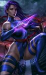 Psylocke, purple hair, looking at viewer, parted lips, strap