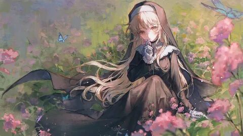 Blonde Long Hair Gloves Flowers Butterfly Nuns Anime Girls M