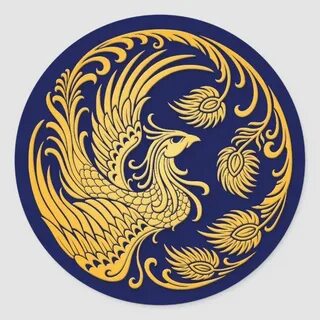 Traditional Yellow Phoenix Circle on Blue Classic Round Stic