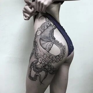 Octopus tattoo on girl's bottom - 4 best photos