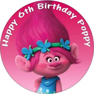 Poppy Troll Edible 8" Personalised Round Birthday Cake Clipa