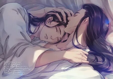 an anime character laying in bed with his eyes closed and head resting on t...
