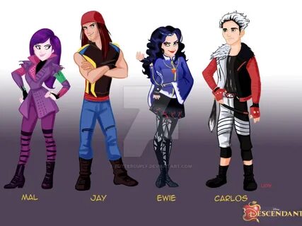 Disney's Descendants tagahanga art of Mal, Jay, Evie and Car