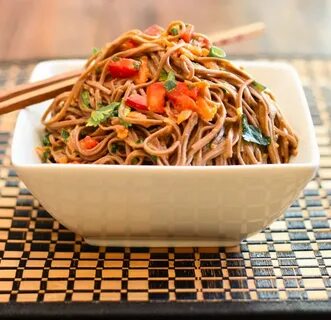 Soba Noodle Hummus Salad with Fresh Herbs, Red Pepper, and C