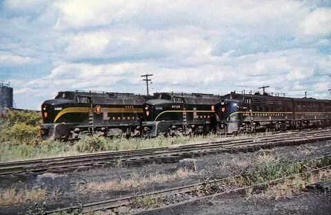 Pennsylvania Railroad RF16 "Sharks" and an F7A-F3B set are s