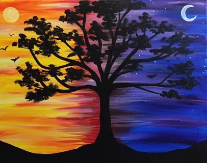 Trees - "Sun and Moon Shade" Tree painting canvas, Sunset ca