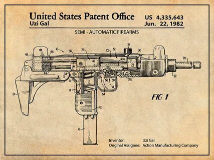 1982 Uzi Submachine Gun Antique Paper Patent Print Drawing b