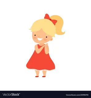 Adorable smiling blonde little girl in red dress Vector Imag