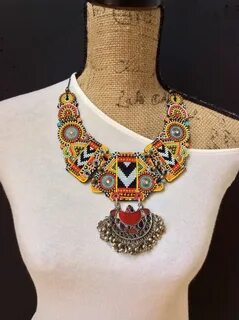 Beaded Bib Necklace with Vintage Kuchi Pendant, Tribal Neckl
