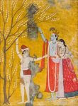 Krishan and Radha in a garden collecting white blossom Early