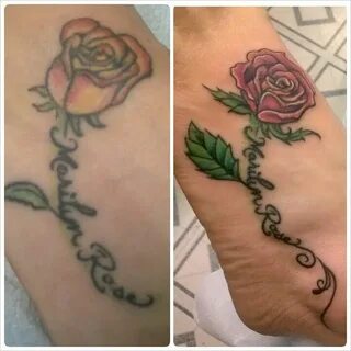 Before on left from previous artist. Rose tattoo redo! A dau
