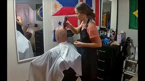 Shaved head at the sexy barber girl - YouTube
