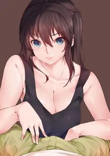 Safebooru - 1girl between legs blue eyes breasts brown backg