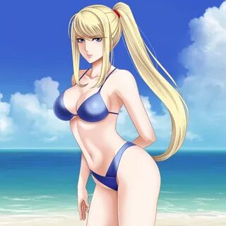 Safebooru - 1girl beach bikini blonde hair blue bikini blue 