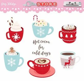 Hot cocoa mugs clipart, winter and christmas hot drinks digi